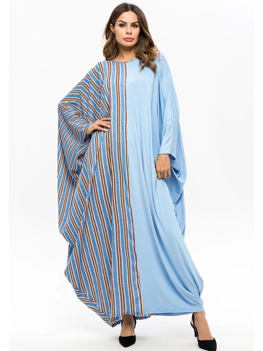 

Ramadan Pray Muslim Abaya Plaid Patch Design Bat-wing Sleeve Robe Dubai Clothing Arab Moroccan Kaftan Plus Size Caftan 7482