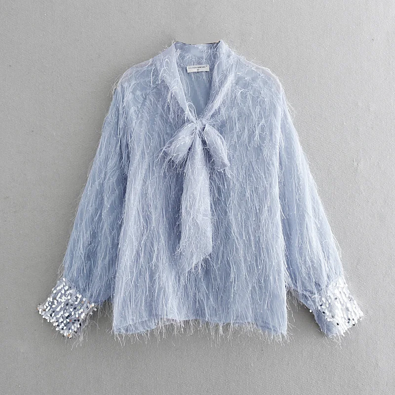 

2019 new women fashion bow tied collar sequined decoraiton casual blouse shirts women tassel blusas chic chemise tops LS3298