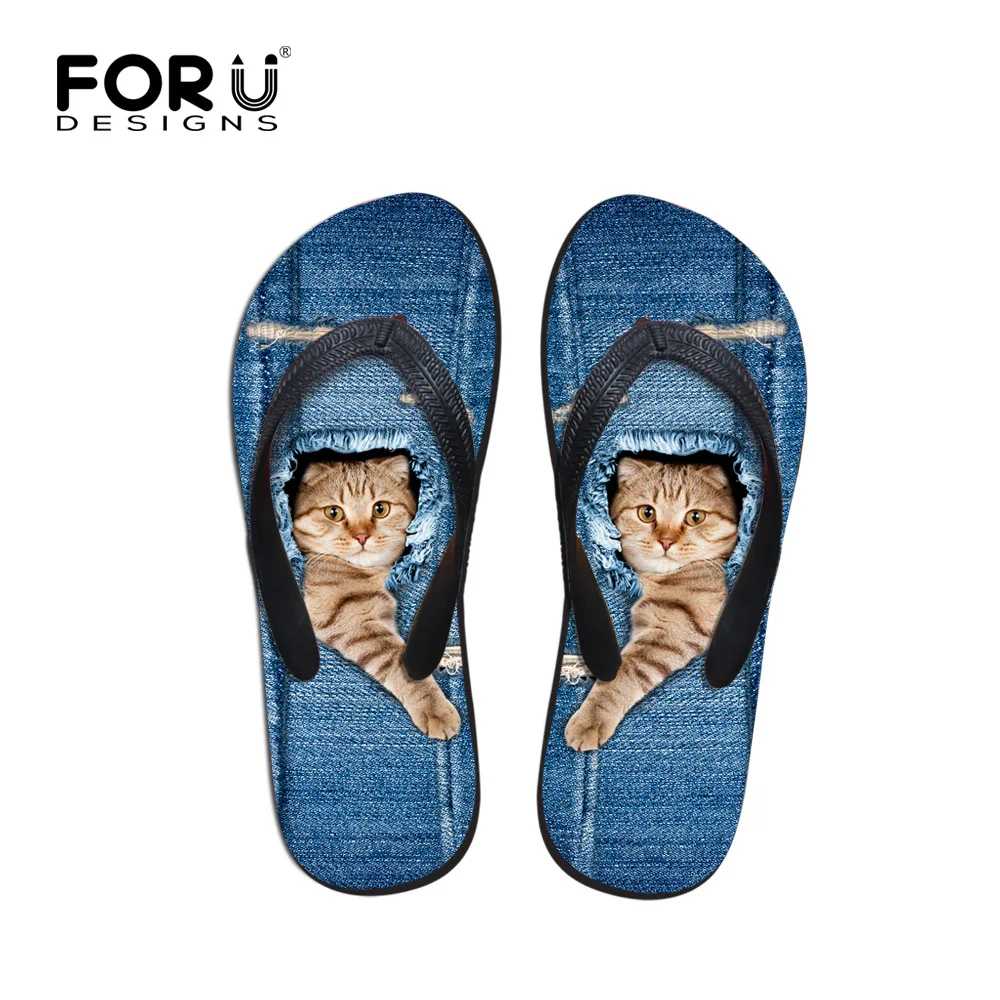 preço FORUDESIGNS Bonito do animal de Estimação Gato Denim Impresso Mulheres Verão Chinelos de Praia de Borracha Sandálias Sapatos Flip Flops Moda Meninas Cowboy Azul