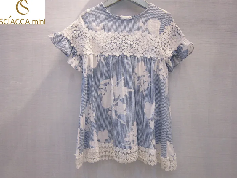 

Sciaccamini 2016 new arrivals cotton exquisite embroidery knee-length blue casual summer girl dress 4 5 6 7 8 9 10 11 12 years