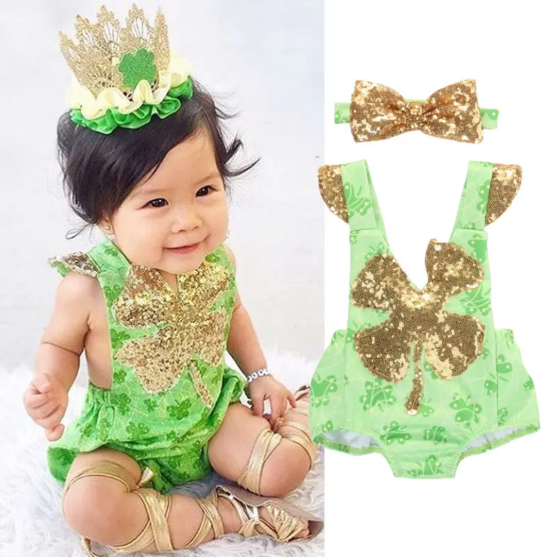 2016 Cute Baby Girl Clothes Green Lucky Sequins Bodysuit Romper Bow 2PCS Outfit Bebek Giyim