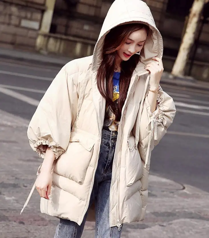 Loose big pockets thick Bat Sleeved women down coats high quality 90% White duck down hooded sweet female down jackets gx1248
