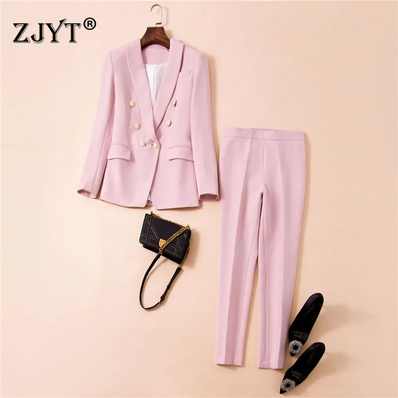 

Autumn Winter New Elegant Woman Pants 2Piece Set Office Work Outfits Double Breasted Notched Blazer Trousers Suit Matching Set