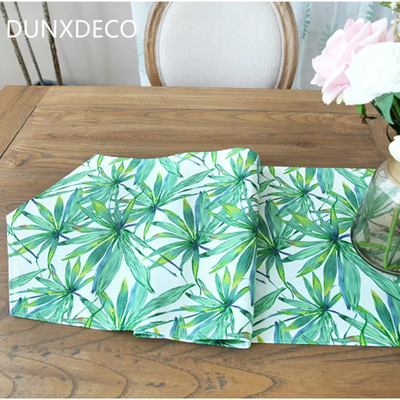 

DUNXDECO Table Runner Cotton Canvas Tablecloth Asia Tropic Leaf Country Style Party Decoration Mesa Cover Mat Fresh Green Fabric