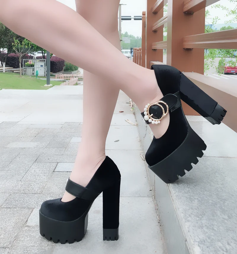 Rlinf на толстой подошве; новая Корейская версия спортивных туфель с открытым носком черного цвета на очень высоком каблуке туфли на высоком каблуке с круглым носком Для женщин обувь