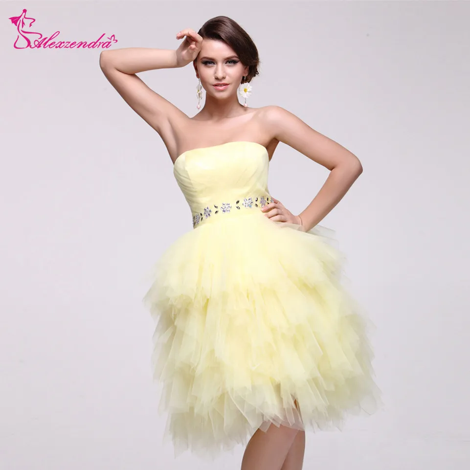 Alexzendra A Line Yellow Strapless Knee Length Prom Dresses Beaded Belt