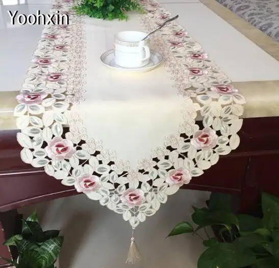 

38*175CM Luxury Lace bed Table Runner flag cover for Wedding Xmas table cloth mantel home Christmas embroidery tablecloth decor