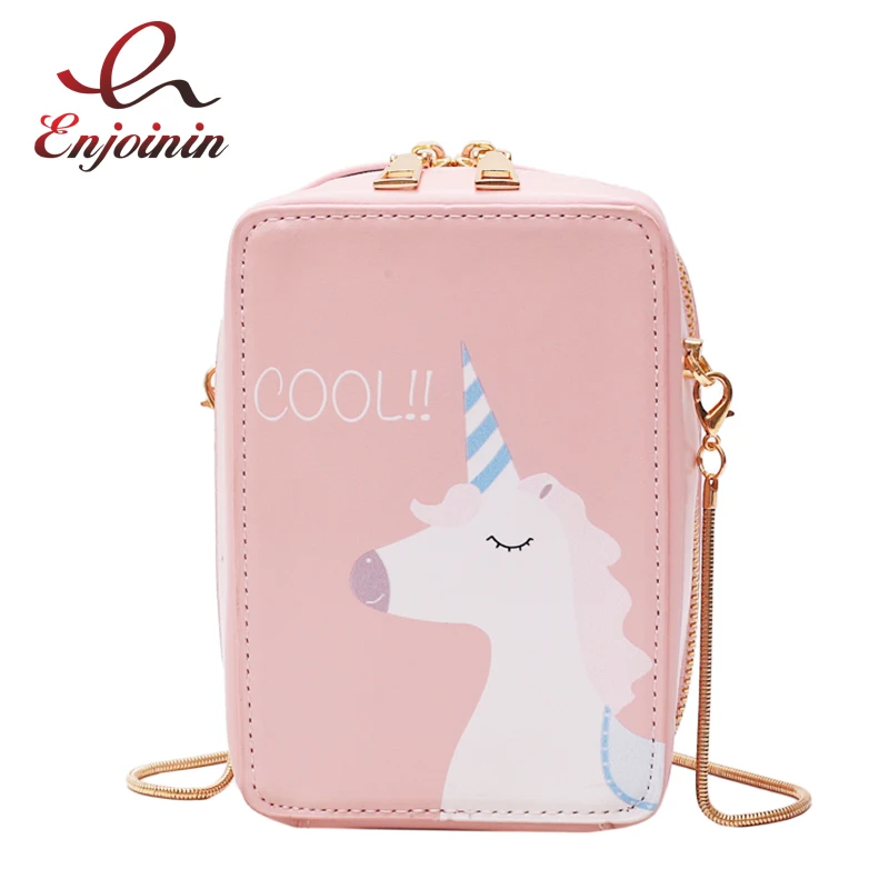 

Cute Fashion Cartoon Print Unicorn Pu Young Girl's Chain Purse Crossbody Mini Bag Casual Ladies Handbag Shoulder Bag Flap Totes