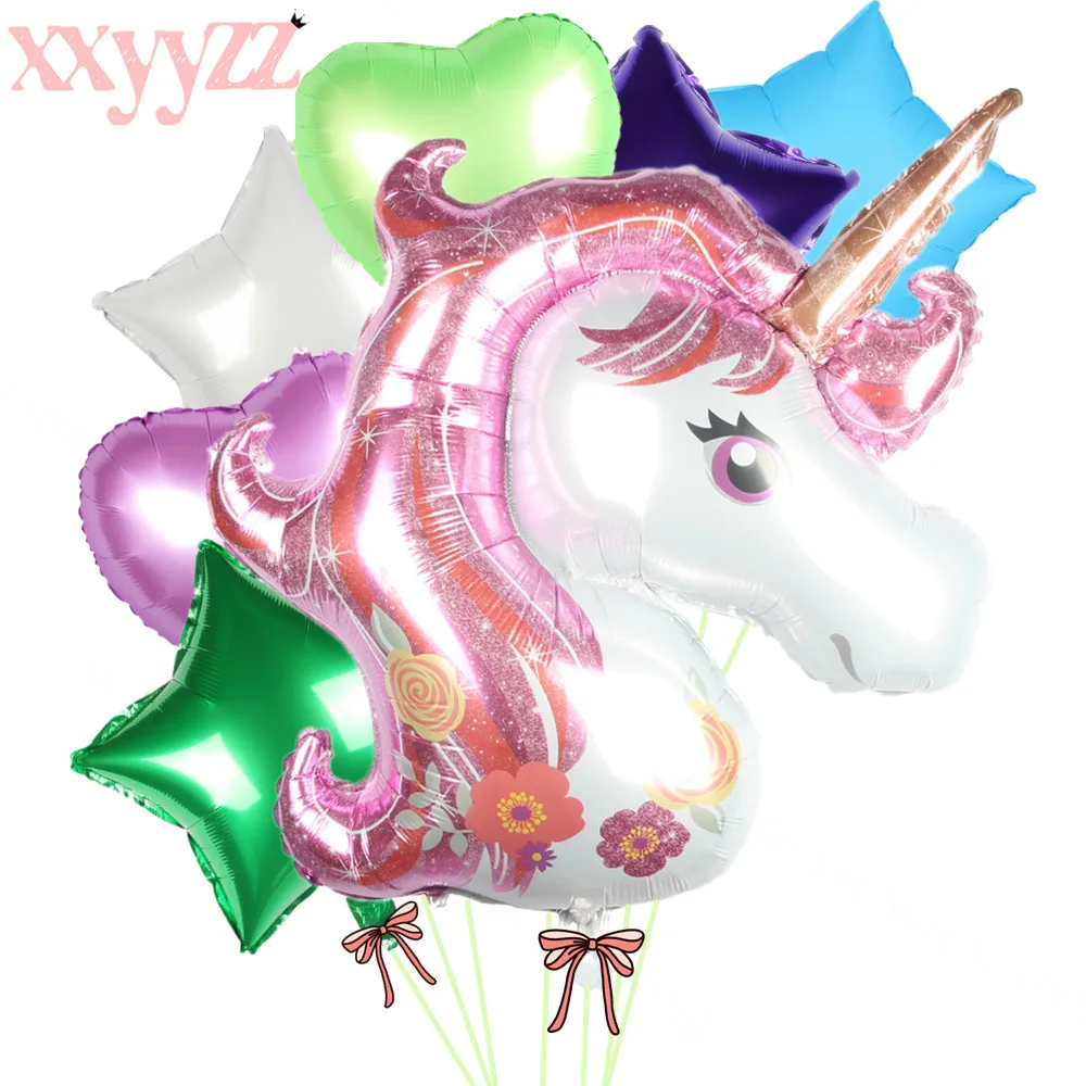 

XXYYZZ 7pcs Anagram Rainbow Unicorn Helium Foil Balloons 18 inch Star Heart Balls Theme Baby Birthday Wedding Party Decor