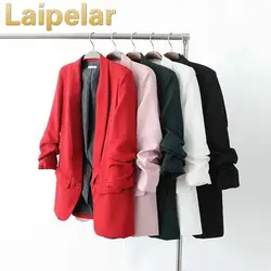 Мода свернувшись однотонный костюм Блейзер нагрудные отделкой одноцветное buckleless костюм пальто Laipelar осенью тенденция костюм Блейзер