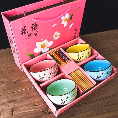 Японский вишневый цвет керамическая чаша набор микроволновая печь маленькая Классическая салатная лапша Ramen миска для рисового супа с палочками для еды посуда - Цвет: 4PCS Mixed pink box