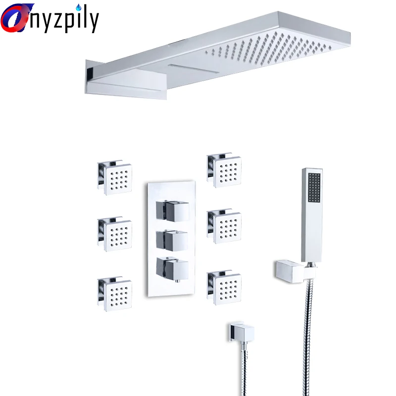 quyanre wanfan gappo chrome waterfall rainfall shower faucet set 4 way shower spa jets with handheld shower thermostatic shower mixer three handles mixer tap bath shower114