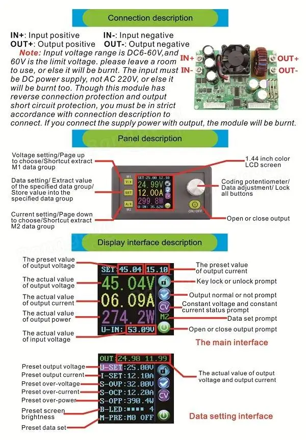 DP50V15A DPS5015 программируемый источник питания модуль со встроенным Вольтметр Амперметр цветной дисплей