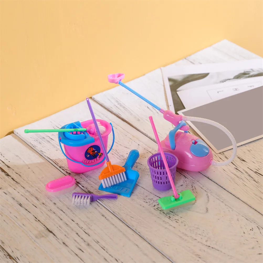 MrY 9Pcs/set Girl House Dolls Furniture Cleaning Kit Set Home Furnishing Funny Vacuum Cleaner Mop Broom Tools Pretend Play Toys