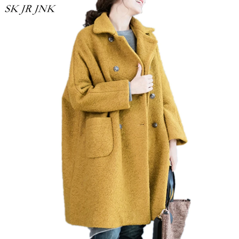 

Women Wool Coat 2017 New Autumn Winter Fashion Warm Turn-down Collar Coat Loose Casual Female Wool Blend Parkas Plus Size LYL246