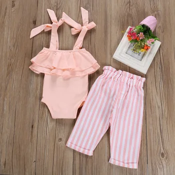 

Summer Baby Girl Adorable Strap Design Romper Tops Striped Print Trousers Casual Outfits Clothes