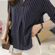 Plus Size Camisa Blusa Parágrafo Como Mulheres Artigo Camisas Listradas Moda Mangas Trimestre Chiffon Blusas Mujer Femme
