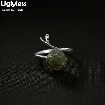 

Uglyless 100% Real Solid 925 Sterling Silver Natural Green Jade Finger Rings for Women Jasper Rose Open Ring Branch Fine Jewelry