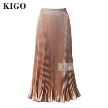 KIGO Женщины Металлик Плиссированные Юбки Лето Макси Золото Flared Высокая Талия Длинная Юбка Партии Юбка Юп Longue Saia K20