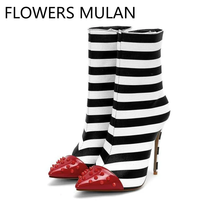 

Brand Designers Ankle Boots For Women Chic Red Rivets Studded Pointed Toe Black White Striped Leather Ladies Booties Shoes Woman