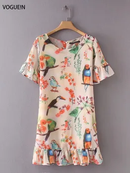 

VOGUEIN New Womens Summer Casual Bird Floral Print Short Sleeve O-Neck Mini Dress Wholesale