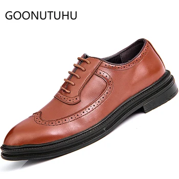 

2019 new fashion men's shoes casual leather male classic solid brown black lace up shoe man party brogue shoes for men hot sale