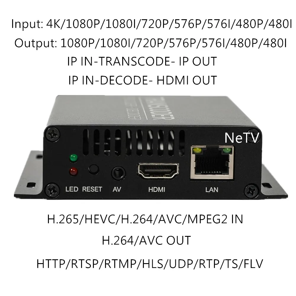 

NTV IPTV H.264/MPEG4 HTTP/RTSP/RTMP/HLS Transcoder 4K/1080 IP IN&1080/720/SD IP OUT & HDMI OUT Decoder IP Streaming Transcoder