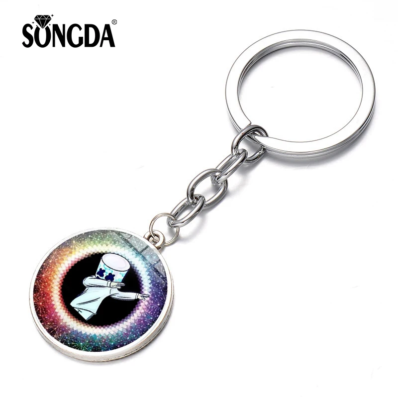 

SONGDA Hot Music DJ Marshmello Tassel Keychain Mysterious Mask Cartoon Figure Photos Glass Dome Keyring Trinket for Music Lovers