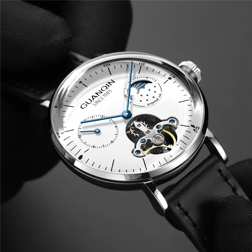 Мужские автоматические механические часы GUANQIN Tourbillon роскошные кожаные