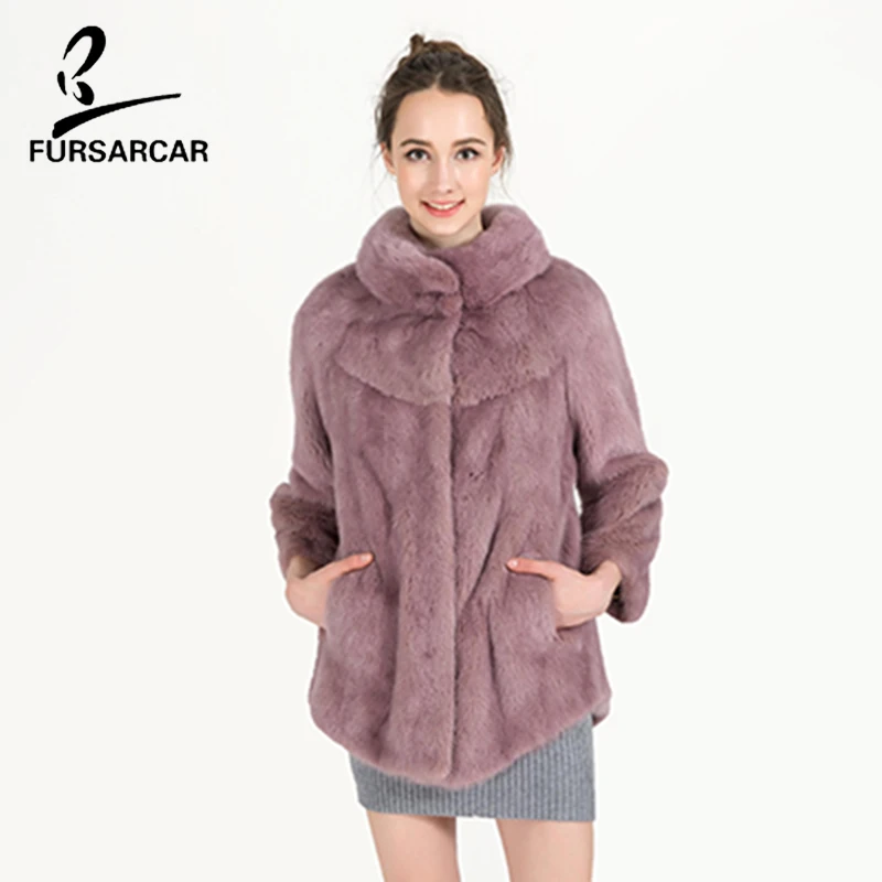 FURSARCAR Pink Color Mink Fur Coat Real Full Pelt Mink Fur Thick Warm