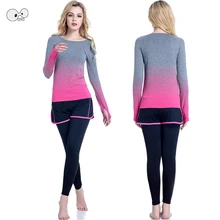 2 шт. наборы для йоги для женщин спортивная одежда спортивные бег фитнес градиент цвет рубашки с длинными рукавами+ Поддельные в 1 Леггинс