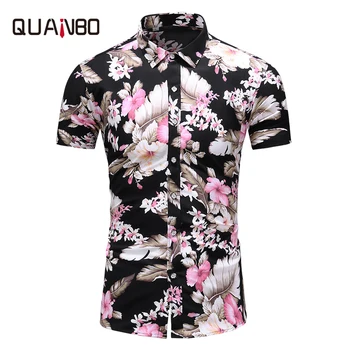 

QUANBO Summer New Arrival Short Sleeve Shirts Mens Trend Print Shirt Men Thin Casual Hawaiian shirt Plus size 2019 Clothes 6xl