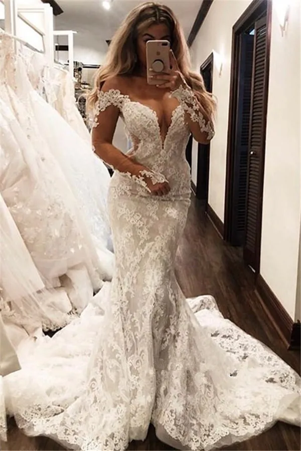 

Gorgeous Lace Mermaid Wedding Dresses with Long Sleeve Cathedral Train Off Shoulder Trumpet Arabic Beach holiday wedding gown