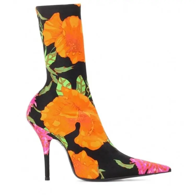 

Vintage Flower High Heels Big Size Pointed Toe Sexy Lady Spring Botas Stretch Fabric Slip-on Thin Heels Woman Ankle Boots