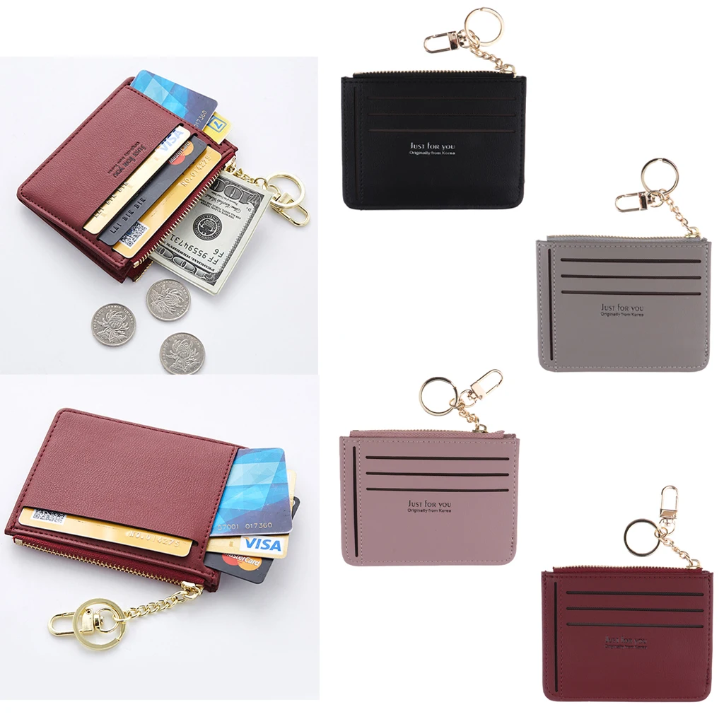 Womens Slim PU Leather Card Holder Front Pocket Wallet Change Purse Keychain Ring billetera mujer cartera mujer