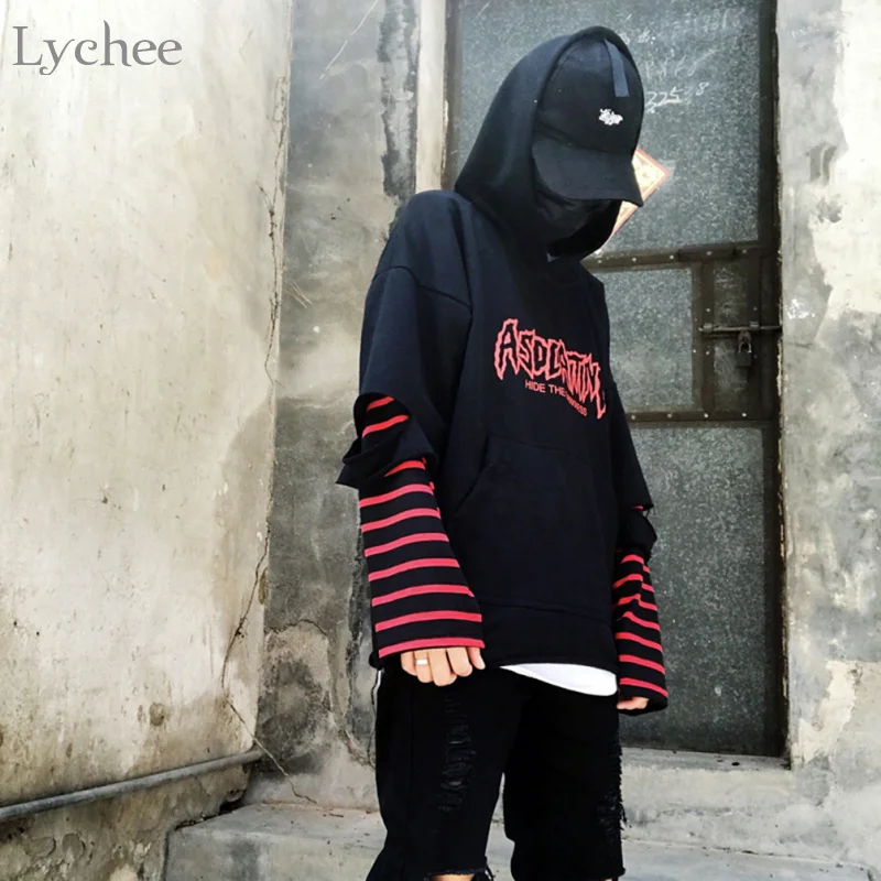 Lychee Harajuku Punk Hooded Sweatshirt Stripe Patchwork Hole Long Sleeve Hoodies Casual Loose Streetwear Tracksuit