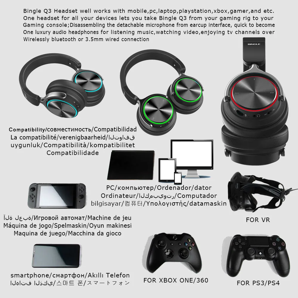 Smart BT Noise Canceling Mic Stereo Bluetooth Wireless Headphone Headsets For GamingPS4XboxTVPCStudioAudioGamerCellphone