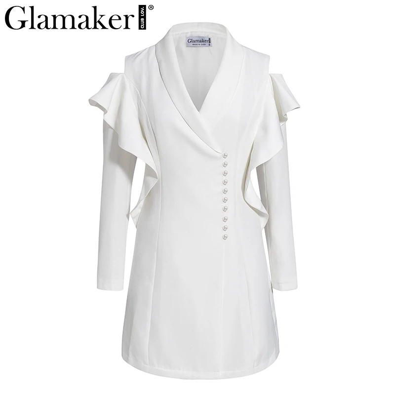 Женское Короткое платье Блейзер Glamaker белое элегантное офисное с оборками и