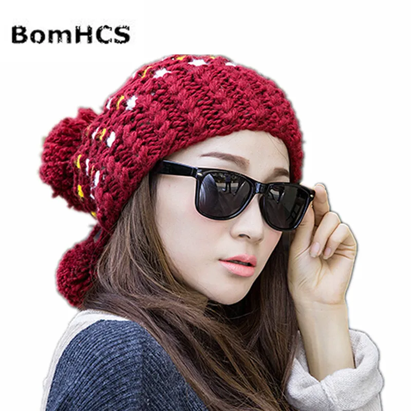 BomHCS зимняя женская Толстая теплая вязаная шапка ручной работы с мягким помпоном