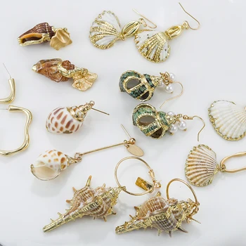 

AENSOA Unique Natural Irregular Sea Shell Conch Drop Earrings Boho Beach Ocean Gold Cowrie Earrings
