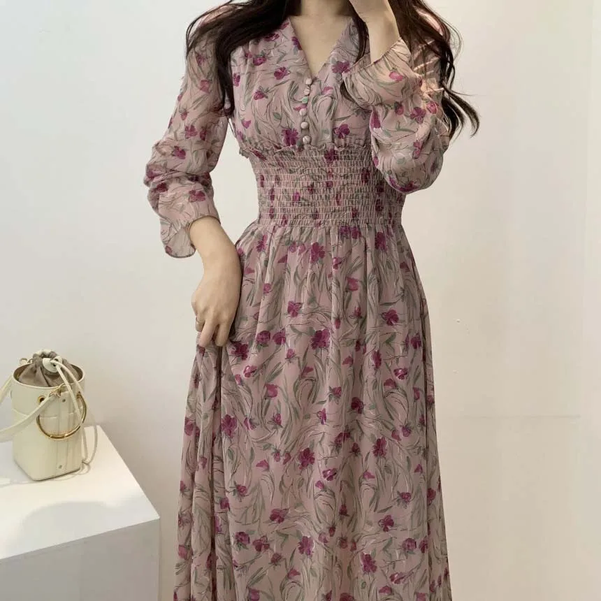 Женское платье с цветочным рисунком, шифоновое, длинное, Пляжное, элегантное, весеннее, розовое, в Корейском стиле, с длинным рукавом, с v-образным вырезом, ropa mujer Sukienki - Цвет: pink