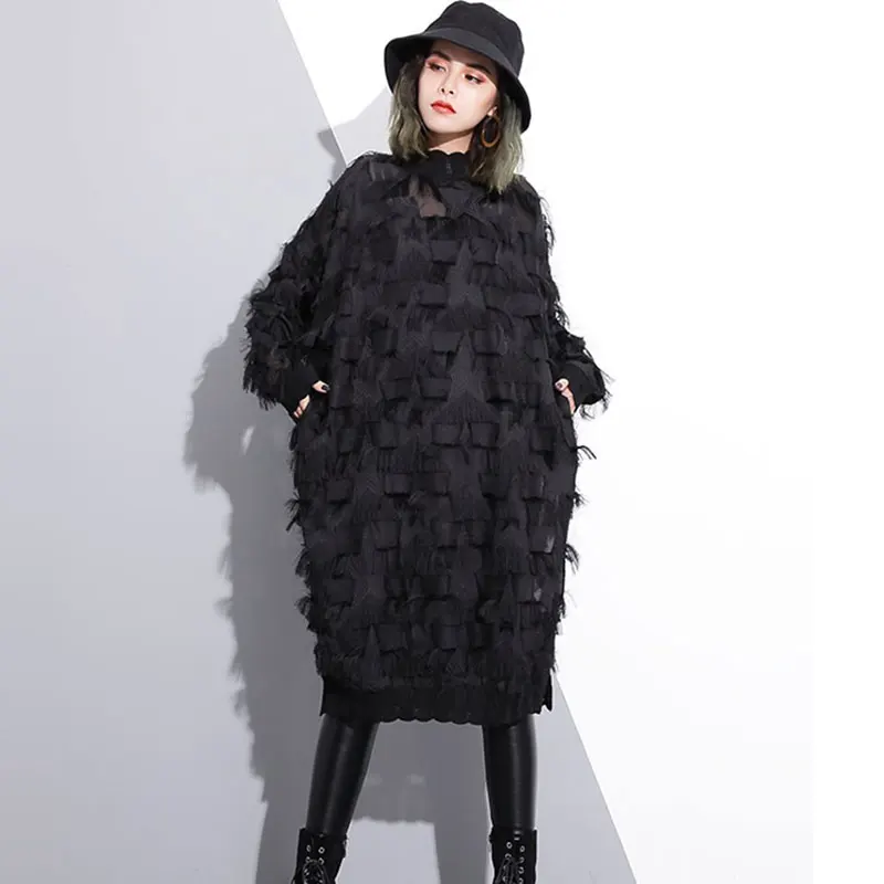 

2019 New Spring Summer Women Dress Stand Collar Long Sleeve Perspective Black Loose Tassels Plus Size Dress Women Fashion 219