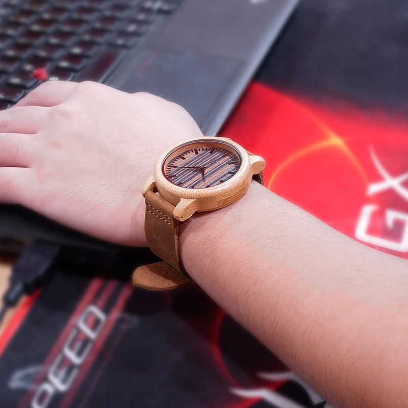 BOBO BIRD V-H08 Mens Handmade Bamboo Watches Wooden Dial Leather Strap Quartz Wristwatch in Gift Box Relojes Hombre V-H08