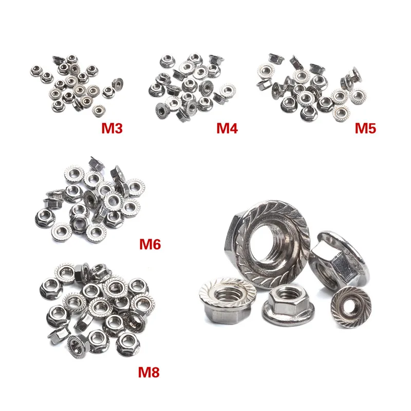 

20Pcs 304 Stainless Steel Hexagon Flange Nuts M3 M4 M5 M6 M8 Lock Nut Set