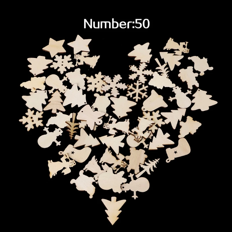 

Wooden Embellishment Christmas Tree Deer Snowflake Shapes Craft Decoration 50Pcs