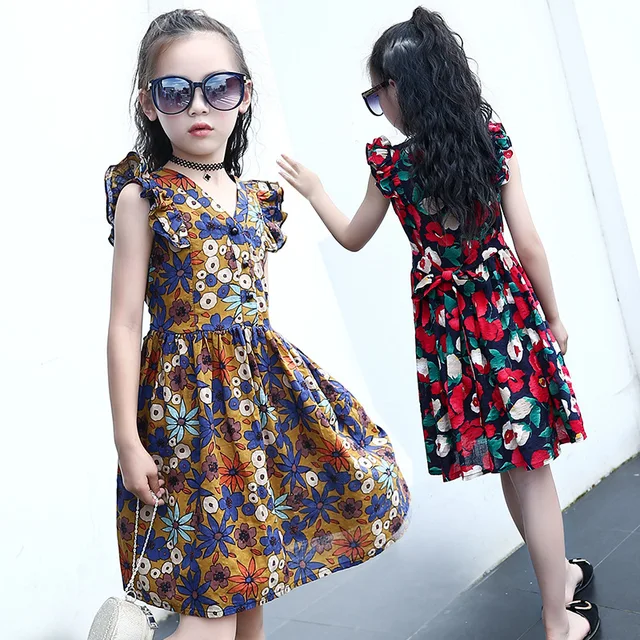 2017 Summer girl wearing clothes lady V neck print dress 13 year old ...