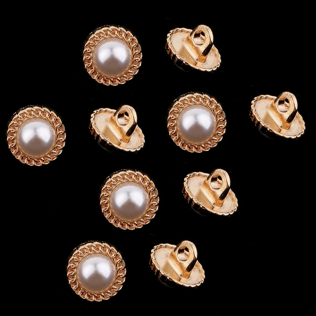 10 Pieces Round Crystal Faux Pearl Shank Buttons Costume Sewing Crafts Golden 10mm