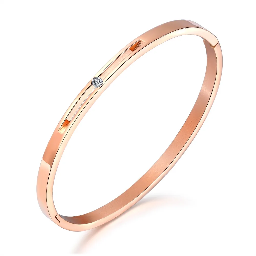

Simple Rose Gold Color Cuff Bangles Bracelet For Women inlay Cubic Zirconia Stainless Steel Hollow out Jewelry Gift 3colors