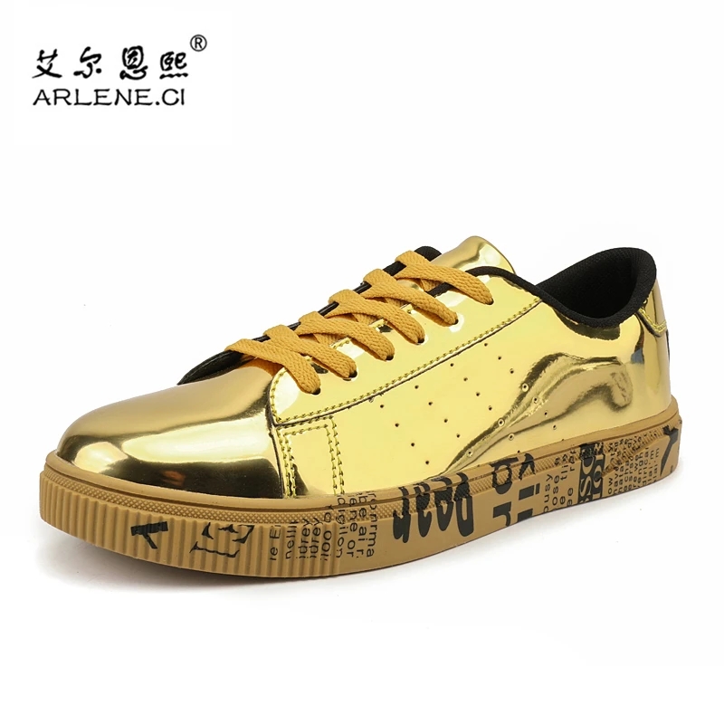 

Patent Leather Men Skateboarding Shoes Sneakers Black Gold Flat Male Walking Shoes For Outdoor Men Rubber Shoes Sapatos Homens