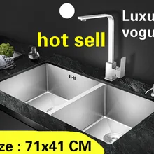 Квартиры маленькая кухонная ручная раковина двойной паз сделать блюда 304 нержавеющая сталь Горячая 710x410 мм